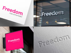 Now logotype mark Freedom Nieruchomości - przykłady użycia
